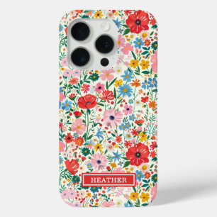 Funda Para iPhone 15 Pro Monograma de flores ditsy rojas y rosadas