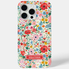 Funda Para iPhone 15 Pro Max Monograma de flores ditsy rojas y rosadas