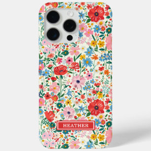 Funda Para iPhone 15 Pro Max Monograma de flores ditsy rojas y rosadas