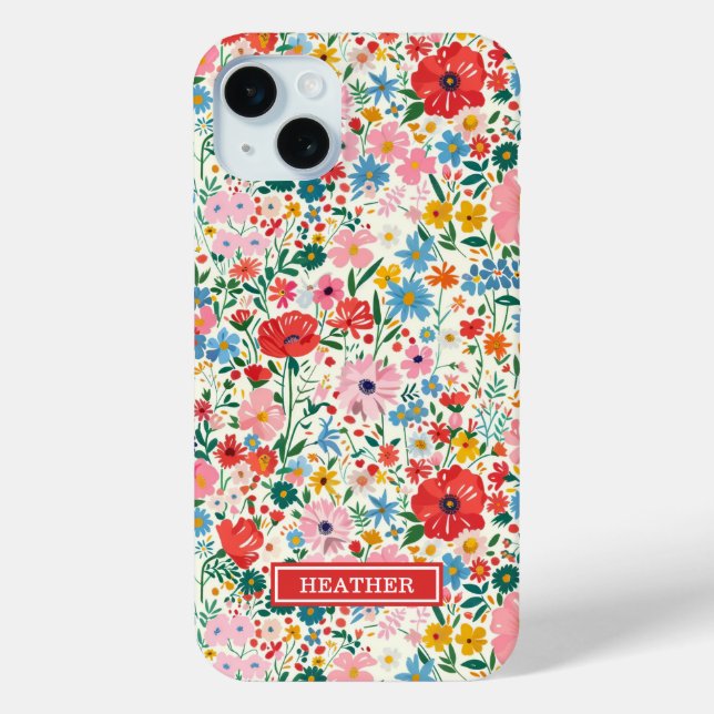 Funda De Case-Mate Para iPhone Monograma de flores ditsy rojas y rosadas (Reverso )