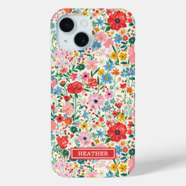 Funda Para iPhone 15 Monograma de flores ditsy rojas y rosadas