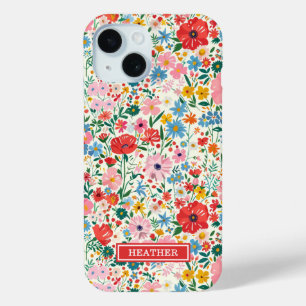 Funda Para iPhone 15 Monograma de flores ditsy rojas y rosadas
