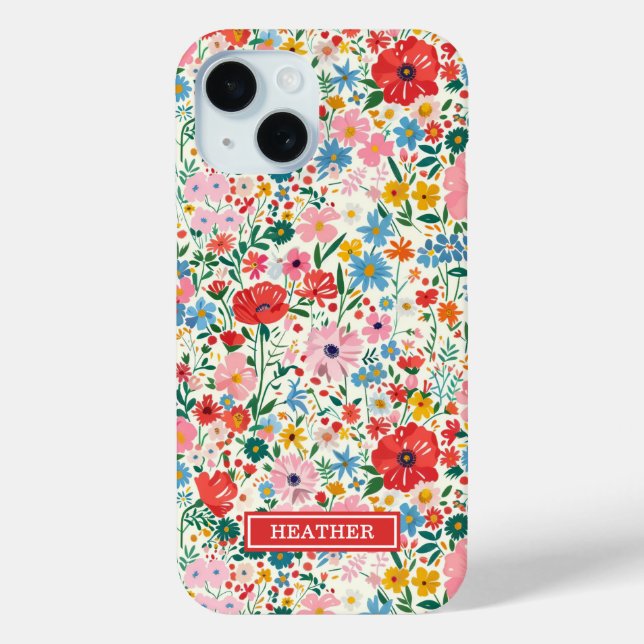 Funda De Case-Mate Para iPhone Monograma de flores ditsy rojas y rosadas (Reverso )