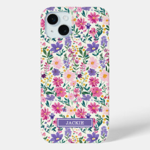 Funda Para iPhone 15 Mini Monograma de flores ditsy rosadas y moradas