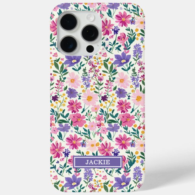 Funda De Case-Mate Para iPhone Monograma de flores ditsy rosadas y púrpuras (Reverso )