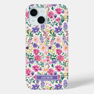 Funda Para iPhone 15 Monograma de flores ditsy rosas y púrpuras