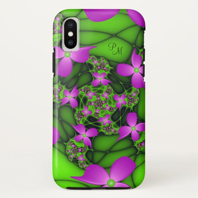 Funda De Case-Mate Para iPhone Monograma de Flores Fractales Modernas Rosa Verde  (Reverso)