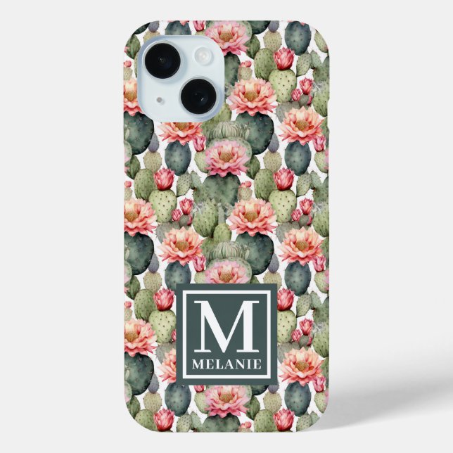 Funda De Case-Mate Para iPhone Monograma de Flores rosas del patrón Cactus (Reverso )