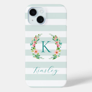Funda Para iPhone 15 Monograma de Flores y Rayas de Menta Paraíso