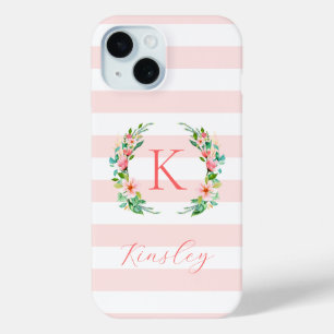 Funda Para iPhone 15 Monograma de Flores y Rayas Rosadas para el Paraís