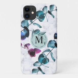 Funda Para iPhone 11 Monograma de follaje de eucalipto de mármol blanco