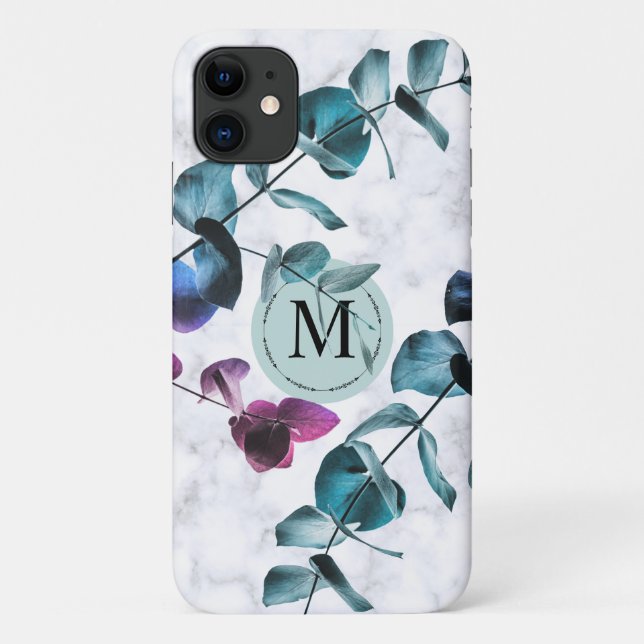 Funda De Case-Mate Para iPhone Monograma de follaje de eucalipto de mármol blanco (Reverso)