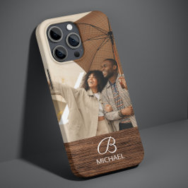 Funda Para iPhone 13 Monograma de Foto Personalizada Grano de Madera Ma