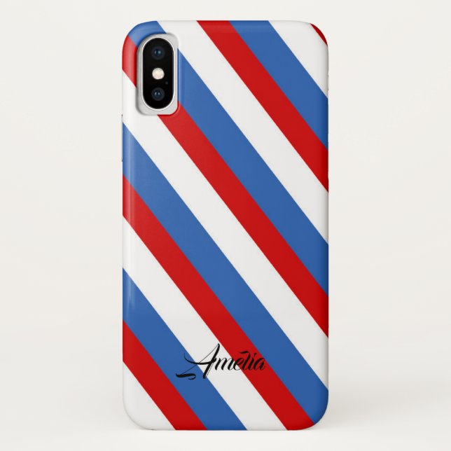Funda De Case-Mate Para iPhone Monograma de franjas azul y blanco rojas