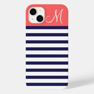Funda Para iPhone 14 Plus De Case-Mate Monograma de franjas de perrito azul y coral de la