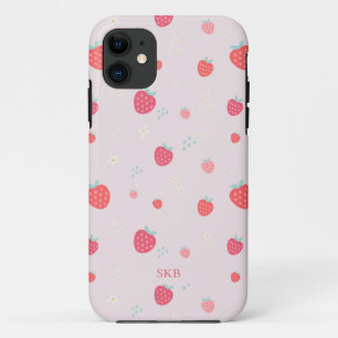 Funda Para iPhone 11 Monograma de fresa rosa y rojo liso