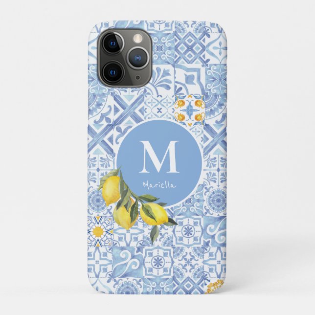 Funda De Case-Mate Para iPhone Monograma de fruta de limón, azulejo azul (Reverso)