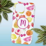 Funda Para iPhone 15 Monograma de frutas Watecolor<br><div class="desc">Patrón de fruta acuarela con monograma. Bonito,  diseño fresco y colorido para los gourmets. Cambiar el inicial al personalizar. Arte original de Nic Squirrell</div>