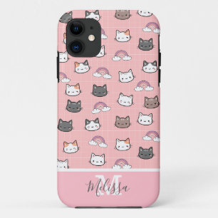 Funda Para iPhone 11 Monograma de gatos y arcoiris cortos