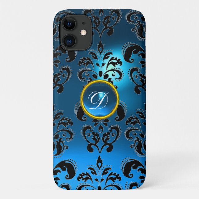 FUNDA DE Case-Mate PARA iPhone MONOGRAMA DE GEM DE DAMASK AZUL NEGRO (Reverso)