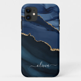 Funda Para iPhone 11 Monograma de geoda de ágata azul marino en oro