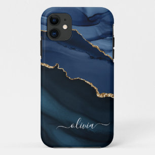 Funda Para iPhone 11 Monograma de geoda de ágata azul marino en oro