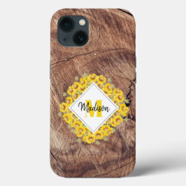 Funda Para iPhone 13 Monograma de girasoles y madera rústica