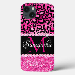 Funda Para iPhone 13 Monograma de Glam Spot de Leopardo Negro y Calient