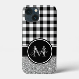 Funda Para iPhone 13 Mini Monograma de Glitter Buffalo Cuadros Negro Blanco 