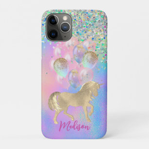 Funda Para iPhone 11 Pro Monograma de globos purpurinas de unicornio arcoir