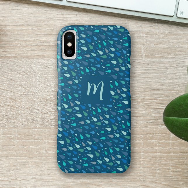 Funda De Case-Mate Para iPhone Monograma de gotas de lluvia azules (Modern blue waterdrops personalized initial iphone mask
)