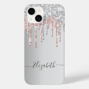 Funda Para iPhone 14 De Case-Mate Monograma de goteo de purpurina de oro rosa rosado