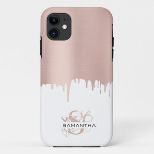 Funda Para iPhone 11 Monograma de goteo metálico de oro rosado Rosa de