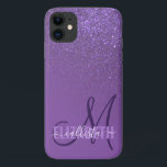 Funda Para iPhone 11 Monograma de gradiente de Purpurina violeta diagon<br><div class="desc">Este elegante diseño es perfecto para una mujer elegante y elegante. Presenta un gradiente diagonal falso purpurina violeta y brillante impreso en la parte superior de un fondo violeta morado. Es una visión única de la tendencia del gradiente purpurina que actualmente es muy popular. Es un diseño lujoso, glamuroso, moderno...</div>
