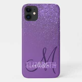 Funda Para iPhone 11 Monograma de gradiente de Purpurina violeta diagon