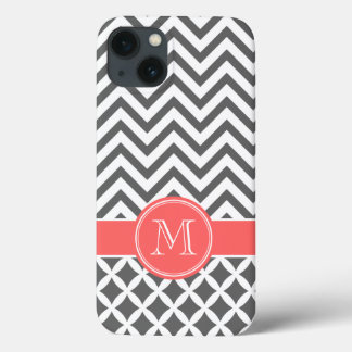 Funda Para iPhone 13 Monograma de Gris y Chevron de Carbón y Coral
