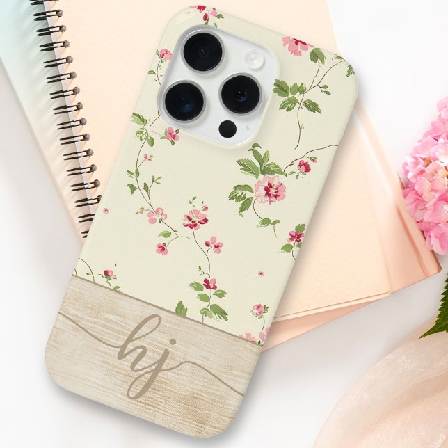 Funda De Case-Mate Para iPhone Monograma de guión de madera floral personalizado  (Subido por el creador)