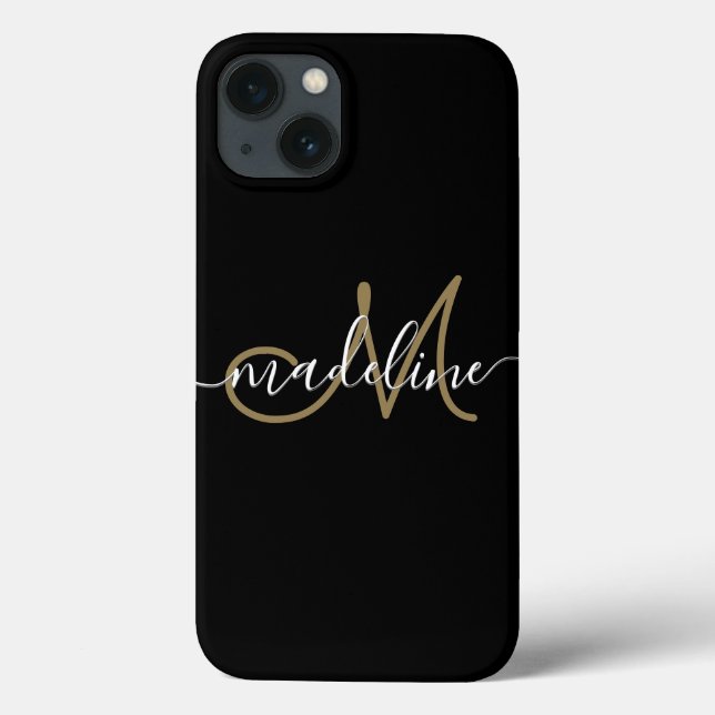 Funda De Case-Mate Para iPhone Monograma de guión moderno oro negro (Reverso)