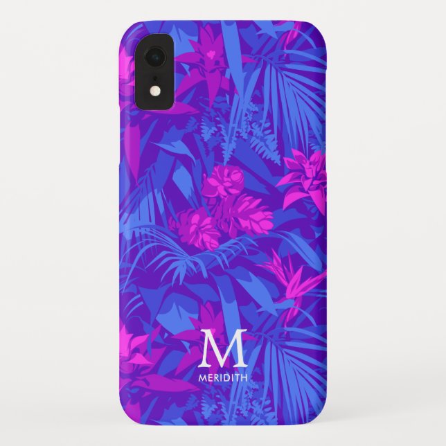 Funda De Case-Mate Para iPhone Monograma de hoja tropical rosa y púrpura  (Reverso)