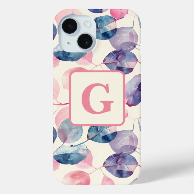 Funda De Case-Mate Para iPhone Monograma de hojas acuáticas de eucalipto púrpura (Reverso )