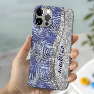Funda Para iPhone 15 monograma de hojas brillantes azul púrpura platead