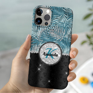 Funda Para iPhone 13 Monograma de hojas brillantes turquesa aqua chic f