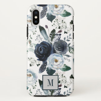 Funda Para iPhone XS Monograma de hojas de boho y flores azules de moda
