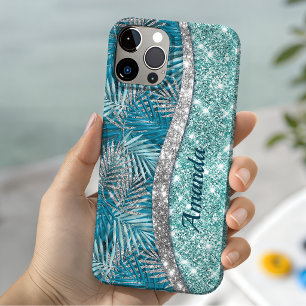 Funda Para iPhone 14 De Case-Mate Monograma de hojas de brillo plateado y verde teal