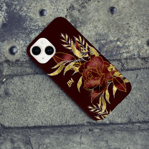 Funda Para iPhone 14 De Case-Mate Monograma de hojas de oro de rosa roja marrón