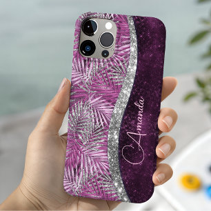 Funda Para iPhone 13 Monograma de hojas de purpurina plateada rosa feme