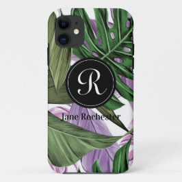 Funda Para iPhone 11 Monograma de hojas púrpura verdes tropicales de ve