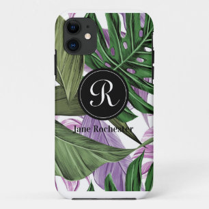 Funda Para iPhone 11 Monograma de hojas púrpura verdes tropicales de ve