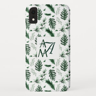Funda Para iPhone XR Monograma de hojas verdes de bosque 3 iniciales re