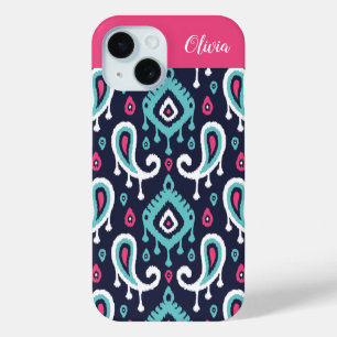 Funda Para iPhone 15 Monograma de ikat de flores estampado en rosa y az